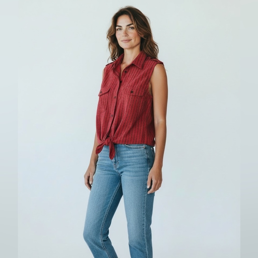 Ralph Lauren Red Button-Up Sleeveless Blouse